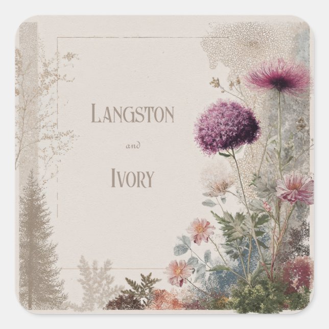 Adesivo Quadrado Casamento de Flores Selvagens de Arte Folical Botâ (Frente)