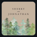 Adesivo Quadrado Casamento de floresta aquática<br><div class="desc">Uma elegante e natural,  com o tema do casamento. Parte de uma suíte de casamento de cheio. Com texto elegante e design de floresta de aquarela linda.</div>