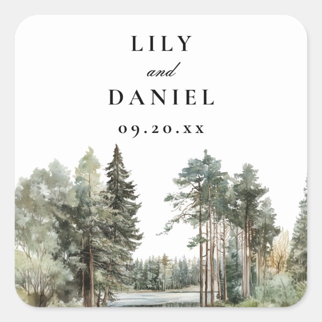 Adesivo Quadrado Casamento de Floresta Florestal do Lago Aquarela E (Frente)