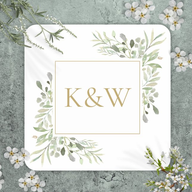 Adesivo Quadrado Casamento de Folhagem de Monograma Dourado Elegant (Elegant Gold Monogram Greenery Foliage Wedding Square Sticker)