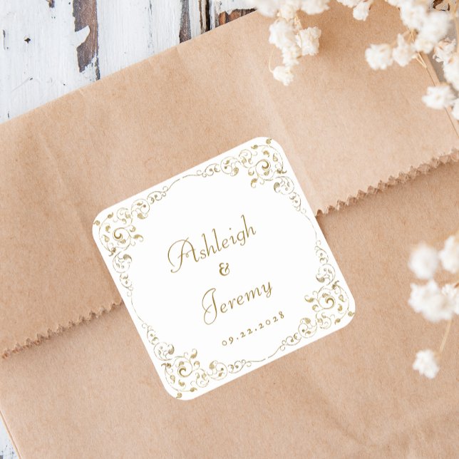 Adesivo Quadrado Casamento de Folhagem de Script Dourado Elegante (Criador carregado)