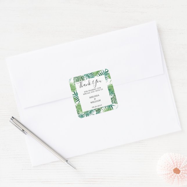 Adesivo Quadrado Casamento de folhas tropicais de cor verde moderna (Envelope)