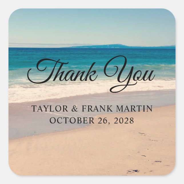 Adesivo Quadrado Casamento de Foto em Praia Obrigado (Frente)