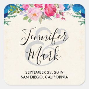 Adesivo Quadrado Casamento de Fronteira de Flor Rosa e Azul