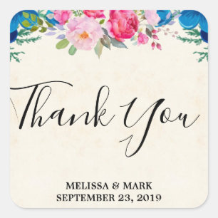 Adesivo Quadrado Casamento de Fronteira de Flor Rosa e Azul Obrigad