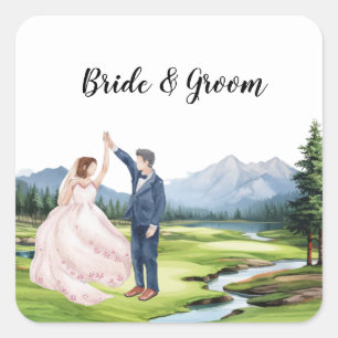 Adesivo Quadrado Casamento de Golfe com noiva e noivo