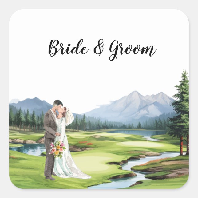 Adesivo Quadrado Casamento de Golfe com noiva e noivo (Frente)