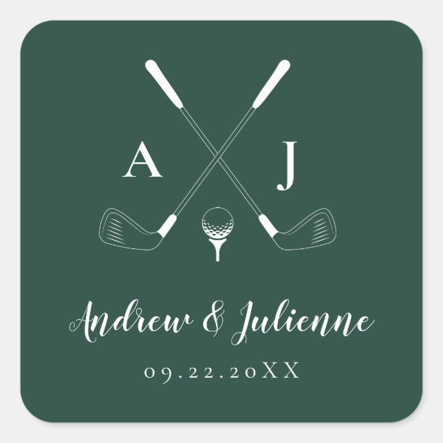 Adesivo Quadrado Casamento de Golfe do Monograma Moderno Emerald Gr (Frente)
