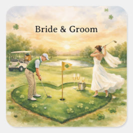 Adesivo Quadrado Casamento de Golfe Sortudo no Amor Tema do Dia de