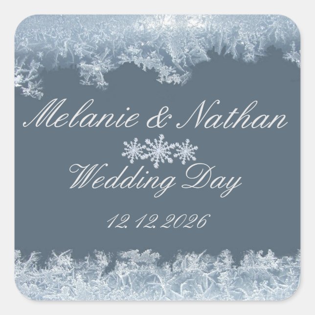 Adesivo Quadrado Casamento de Inverno Azul Geado Personalizado (Frente)