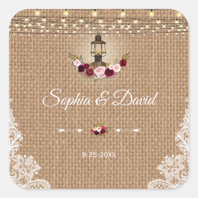 Adesivo Quadrado Casamento de Luzes de Lanterna Rustic Lace Burlap (Frente)