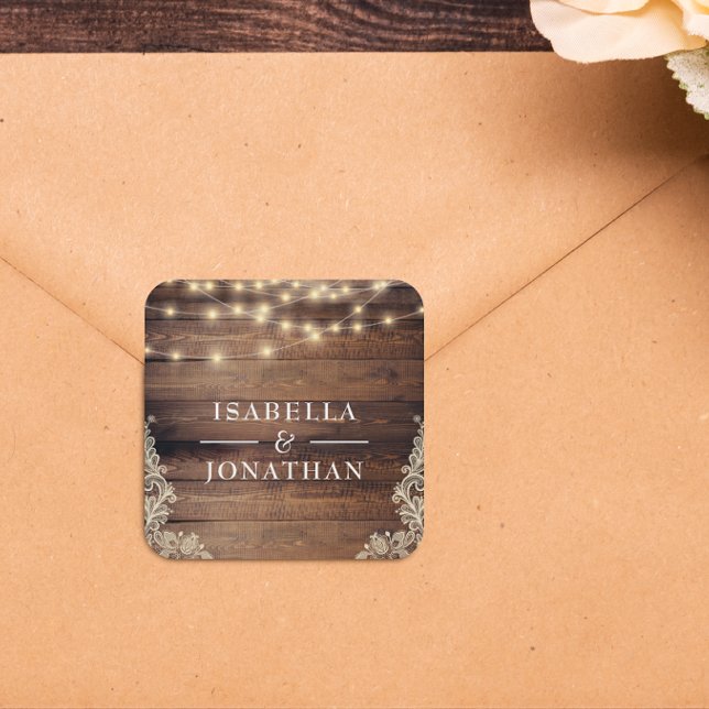 Adesivo Quadrado Casamento De Madeira Rústica, Luzes De Corrente E  (Square Sticker Mock-up)