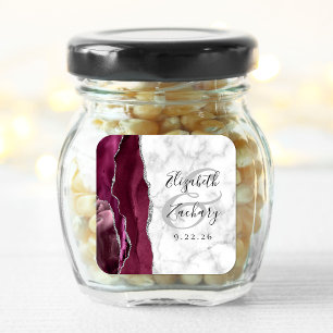 Adesivo Quadrado Casamento de Mármore Ágata Borgonha Prata Script