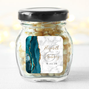 Adesivo Quadrado Casamento de mármore de ágata azul teal dourado