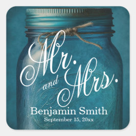 Adesivo Quadrado Casamento de Mason Jar, Azul Russo Personalizado
