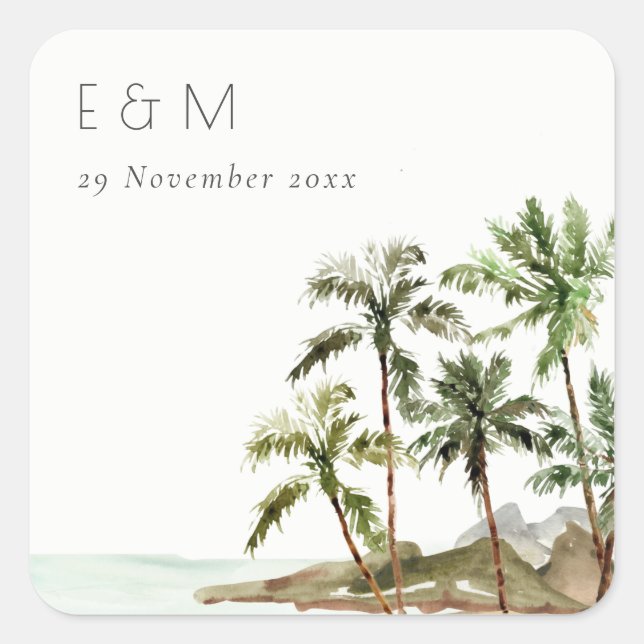 Adesivo Quadrado Casamento de Monograma da Areia de Palmeiras Tropi (Frente)