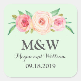 Adesivo Quadrado Casamento de Monograma Floral Cor-de-Rosa-Rosa-Esm
