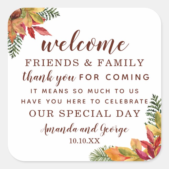 Adesivo Quadrado Casamento de outono favorece obrigado personalizad (Frente)