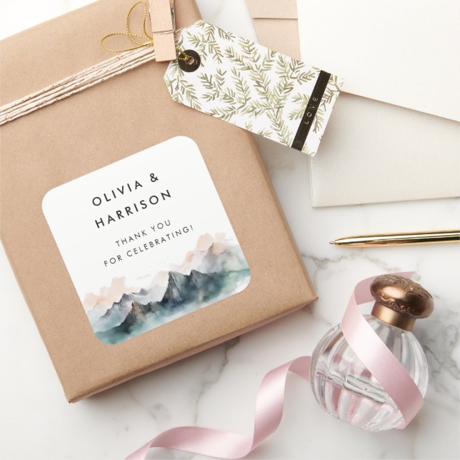 Adesivo Quadrado Casamento de Paisagem de Montanha de Aquarela Mode (Presentear)