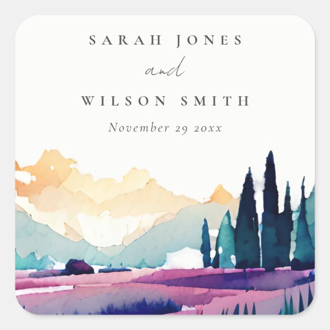 Adesivo Quadrado Casamento de Paisagem Lilac Fields em Montanha (Frente)