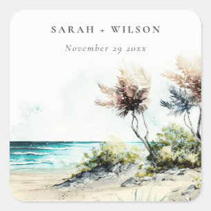 Adesivo Quadrado Casamento de paisagens de praia de Palm, na costa