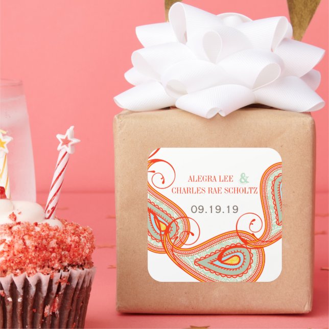 Adesivo Quadrado Casamento de Paisley com Casal Amarelo Laranja Aqu (Festa)