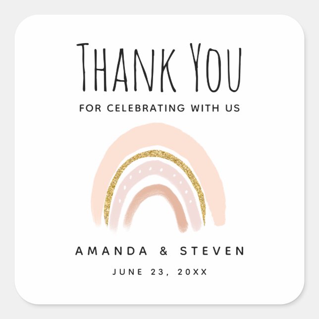 Adesivo Quadrado Casamento de Pastel Pink & Faux Glitter Boho Rainb (Frente)