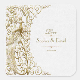 Adesivo Quadrado Casamento de Peacocks com Deco de Arte Dourada Gla