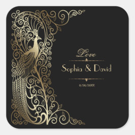 Adesivo Quadrado Casamento de Peacocks em Deco de Arte Dourada Glam