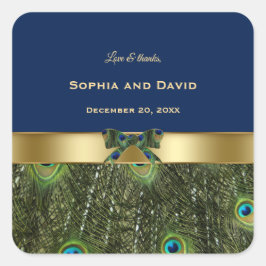 Adesivo Quadrado Casamento de Penas Azuis de Pavão Azul-Marinho Ele