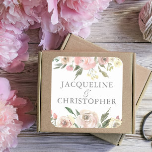 Adesivo Quadrado Casamento de Peônias Florais de Ivory, Blush Pink