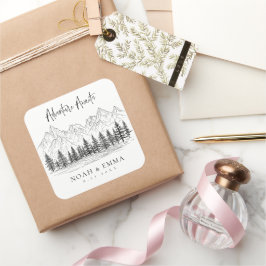 Adesivo Quadrado Casamento de Pinheiros Rustic Mountain Sketch Wood