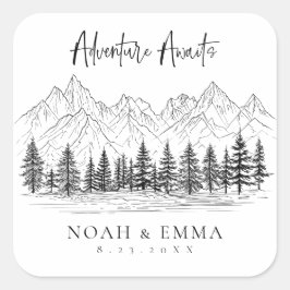 Adesivo Quadrado Casamento de Pinheiros Rustic Mountain Sketch Wood
