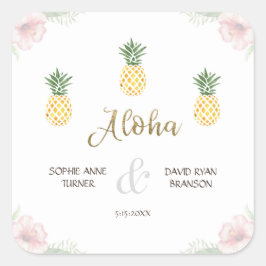 Adesivo Quadrado Casamento de Praia de Abacaxi Tropical de Aloha