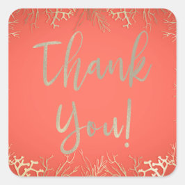 Adesivo Quadrado Casamento de Praia Elegante Coral Laranja Dourado 