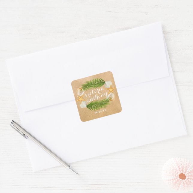 Adesivo Quadrado Casamento de praia Tropical Wreath Sandy (Envelope)