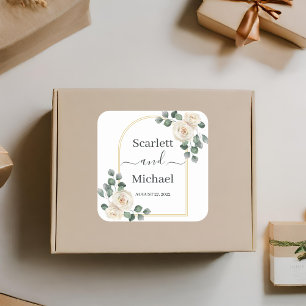 Adesivo Quadrado Casamento de Rosa Branca e Ouro Moderno Elegante