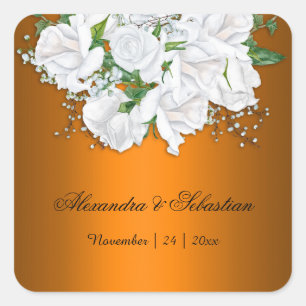 Adesivo Quadrado Casamento de Rosas Brancas e Laranja Modernas e Vi