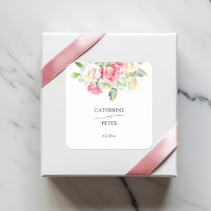 Adesivo Quadrado Casamento de Rosas em Aquarela Rosa Bege/Ivory Rom