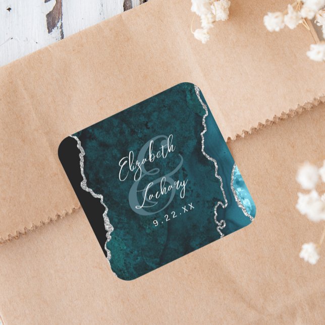 Adesivo Quadrado Casamento de Script de Ágata Azul Teal Prata (Criador carregado)