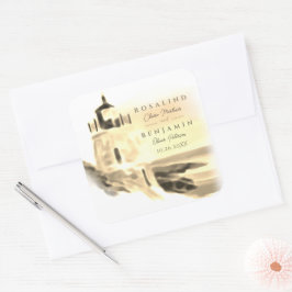 Adesivo Quadrado Casamento de Script de Farol de Dourada Aquarela C