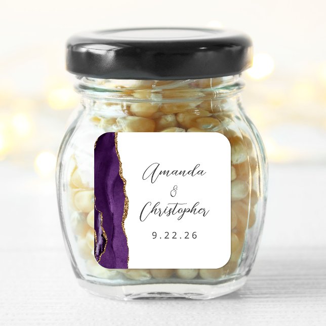 Adesivo Quadrado Casamento de Script Dourado Agate Purple (Criador carregado)