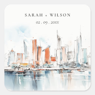 Adesivo Quadrado Casamento de Skyline Watercolor em Miami Florida