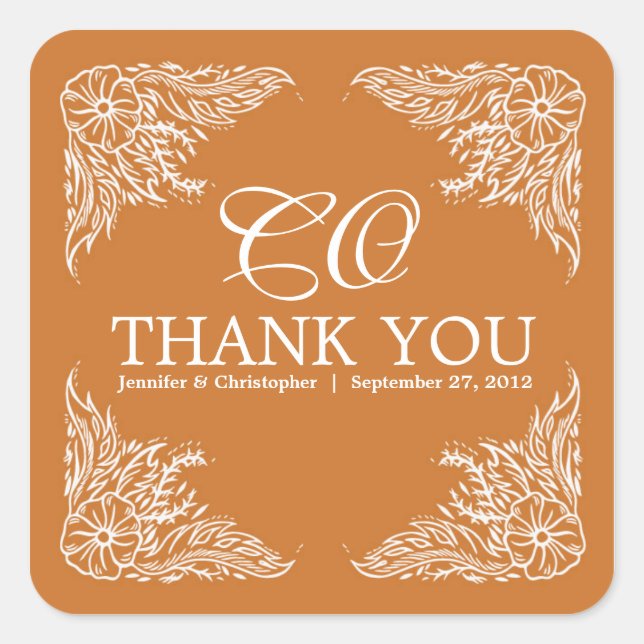 Adesivo Quadrado Casamento de Tangerina e Branca Obrigado Monograma (Frente)