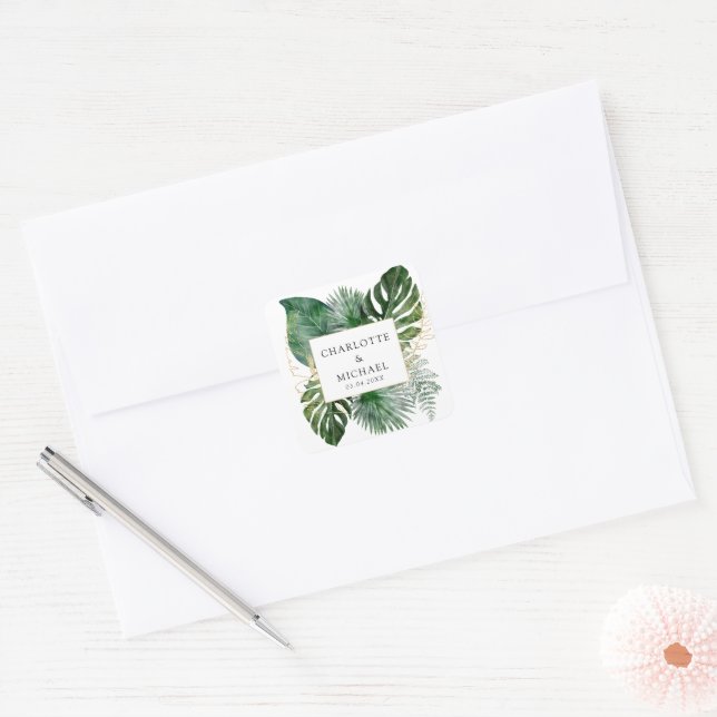 Adesivo Quadrado Casamento de tendências de plantas Elegantes Tropi (Envelope)