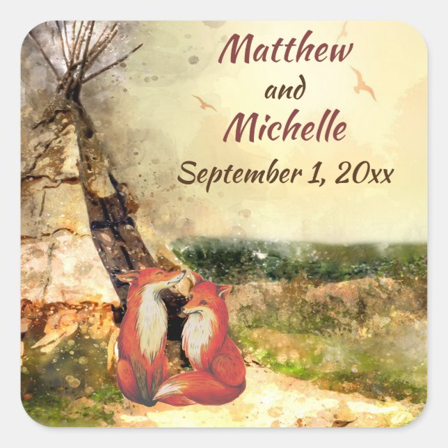 Adesivo Quadrado Casamento de Tepee com Tipi Tribal Personalizado e (Frente)