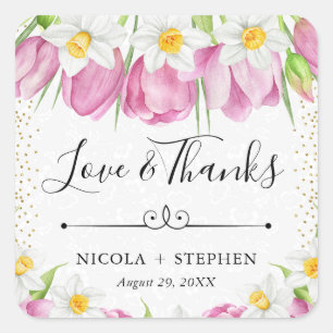 Adesivo Quadrado Casamento de Tulipas e Narcisos Rosa em Aquarela