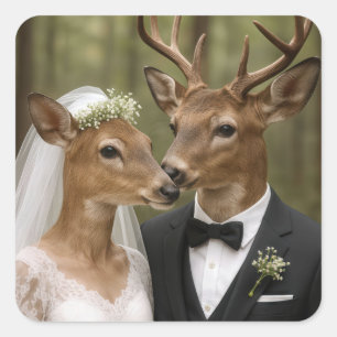 Adesivo Quadrado Casamento de Veado e Corça na Floresta