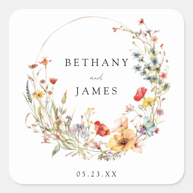 Adesivo Quadrado Casamento de Verão de Flores Selvagens (Frente)
