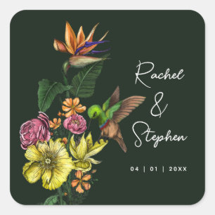 Adesivo Quadrado Casamento de Verão Floral Tropical Elegante
